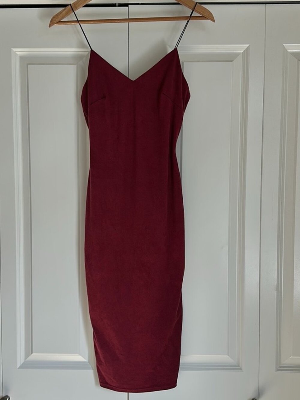 Japna Dress sz XS Suede Feel Bodycon Elegant Burgundy Spaghetti Strap Stretchy